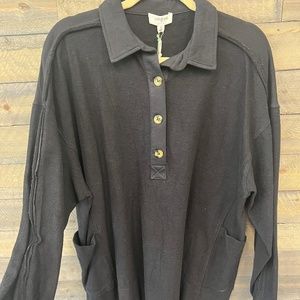 French Terry Collared Button Front Dress with Pockets and Raw Hem